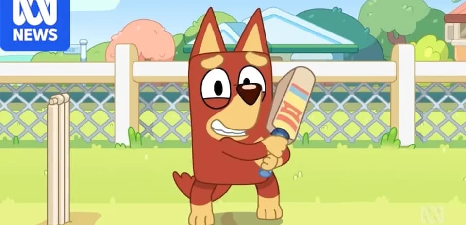 Animated character holding a cricket bat in backyard