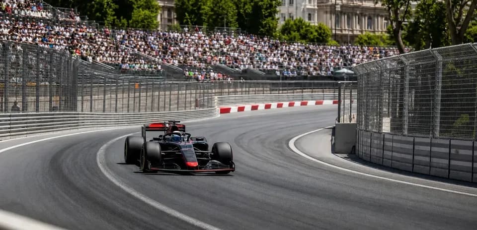 Formula 1 car navigating a turn on racetrack