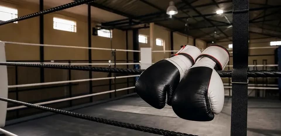 Boxing gloves hanging on ring ropes in gym