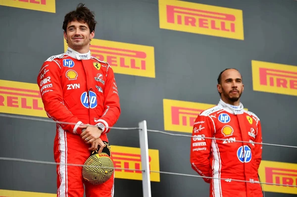 Charles Leclerc and Lewis Hamilton on podium