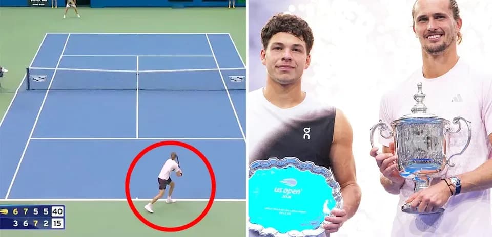 Tennis match action and players with trophies