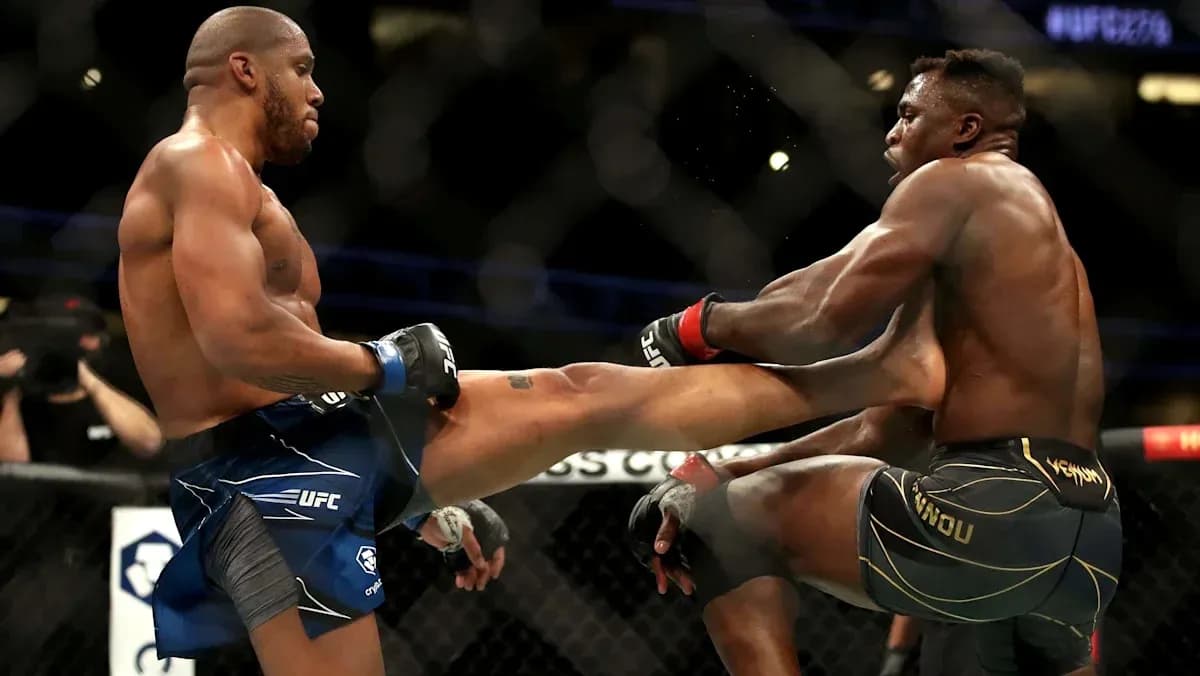 Two fighters exchanging strikes inside the UFC octagon