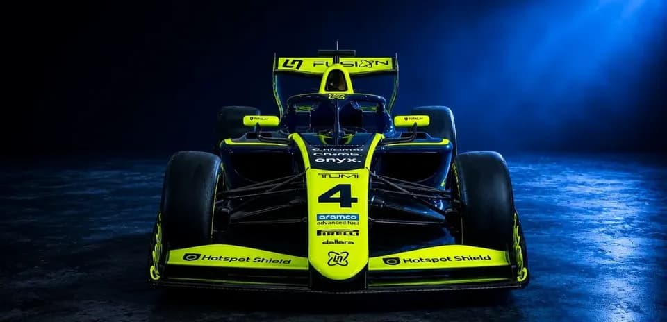 Front view of a brightly colored racing car