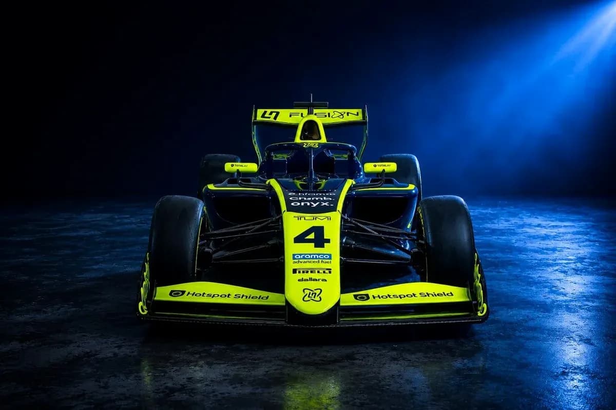 Front view of a brightly colored racing car
