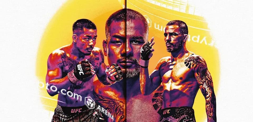 Three fighters in UFC poses with vibrant background