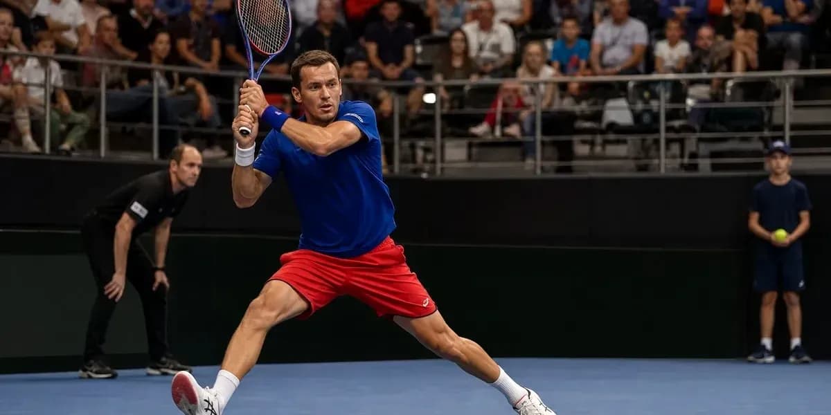 Player hitting a backhand shot during tennis match