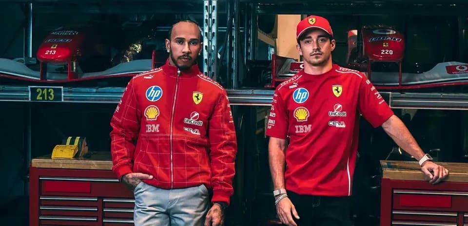 Lewis Hamilton and Charles Leclerc in Ferrari gear