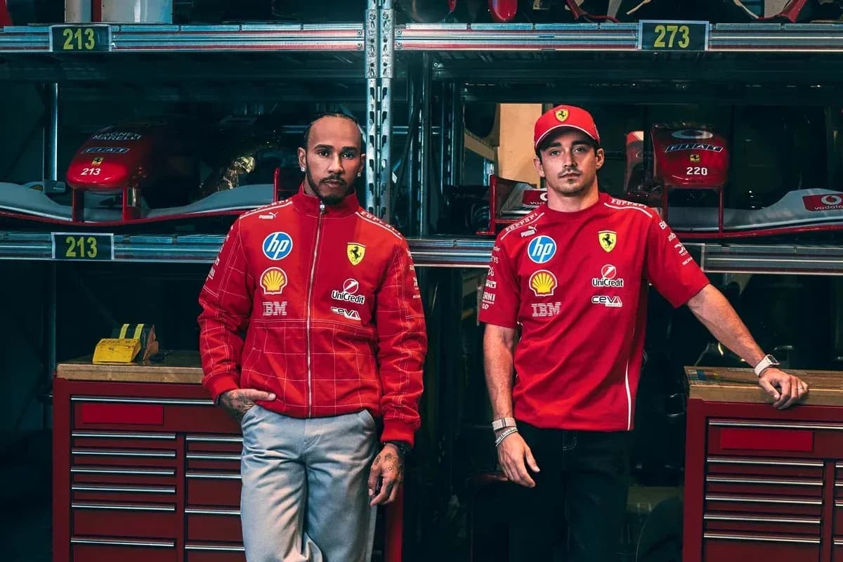 Lewis Hamilton and Charles Leclerc in Ferrari gear