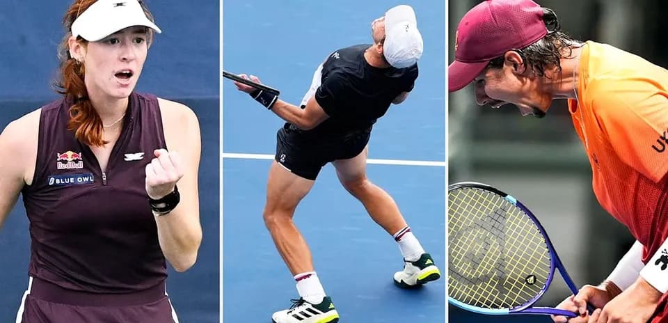 Three tennis players in action during matches