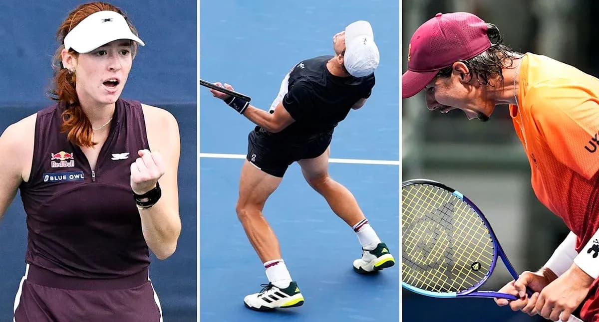 Three tennis players in action during matches