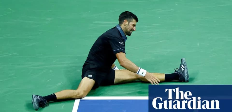 Novak Djokovic stretching on tennis court during match