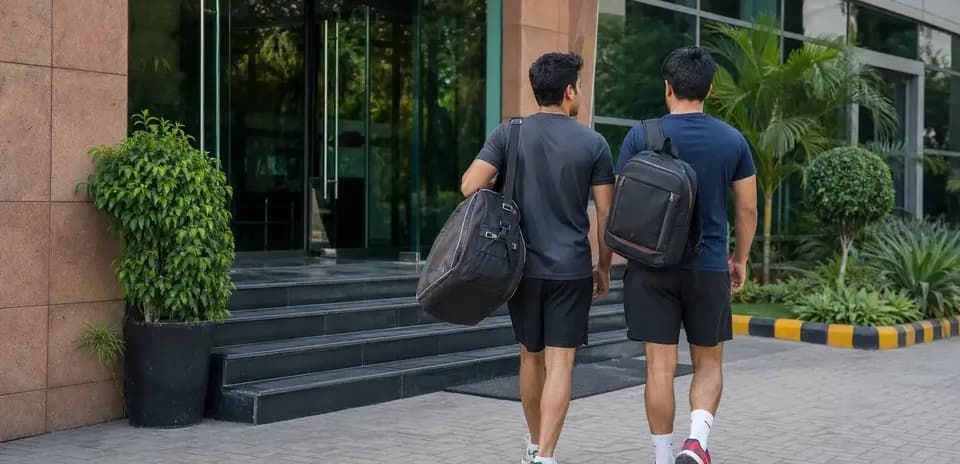 Two men walking towards building entrance with bags