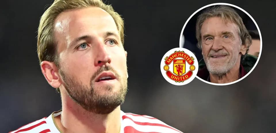 Harry Kane looking concerned with Manchester United logo