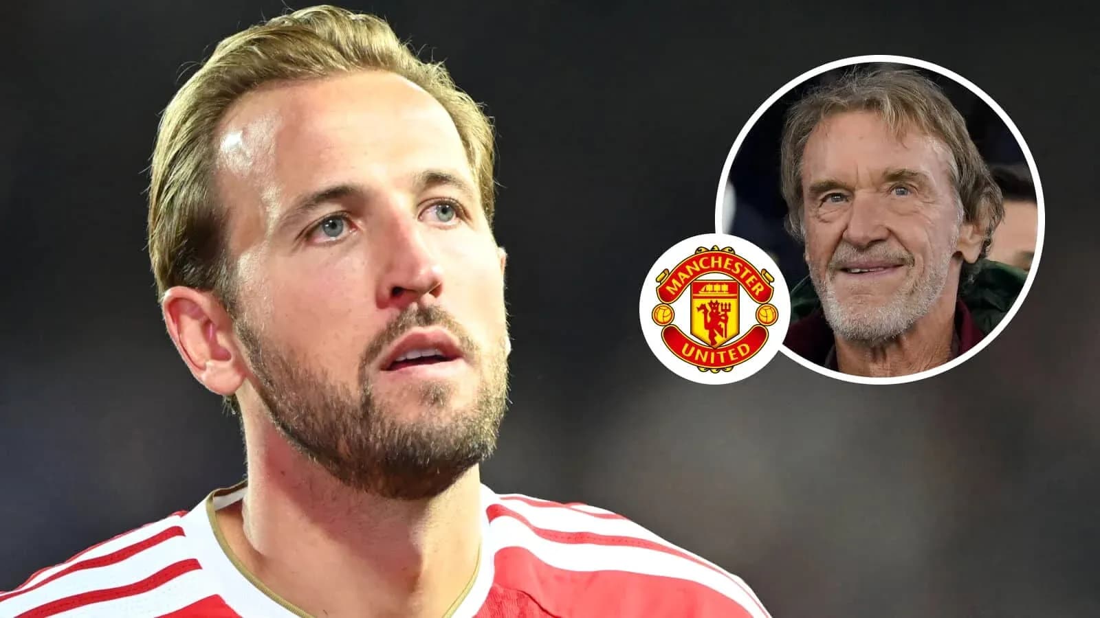 Harry Kane looking concerned with Manchester United logo