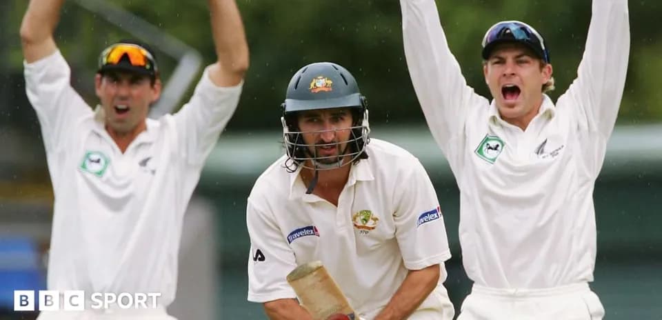 Batsman facing delivery with fielders appealing