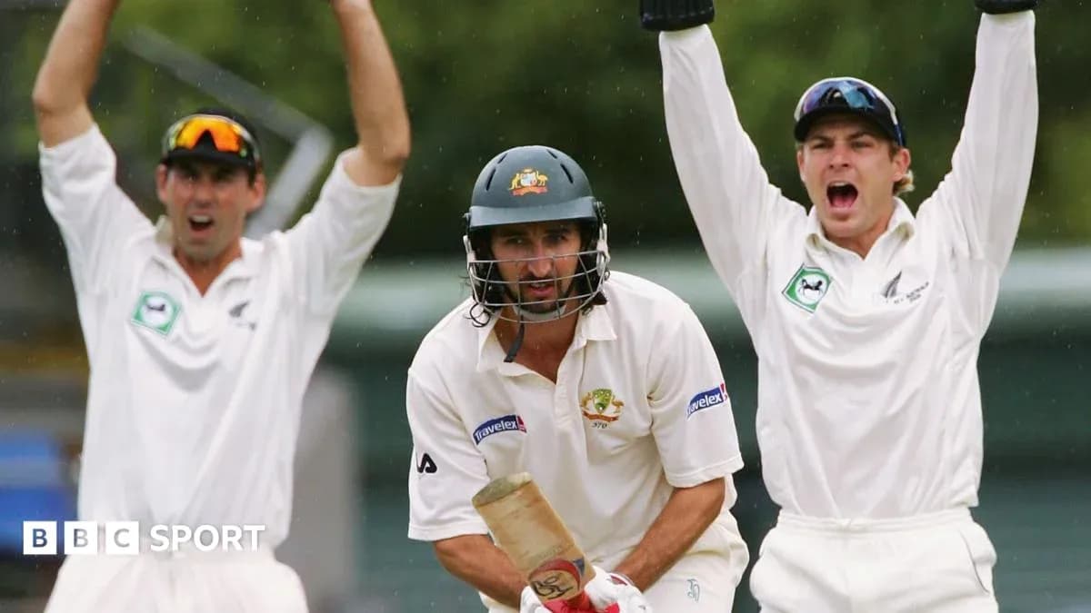 Batsman facing delivery with fielders appealing