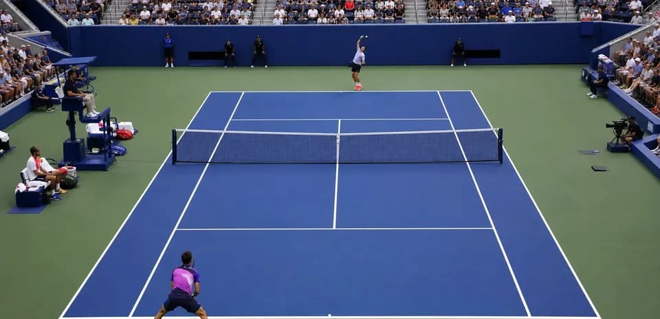 Player serving during a tennis match on court