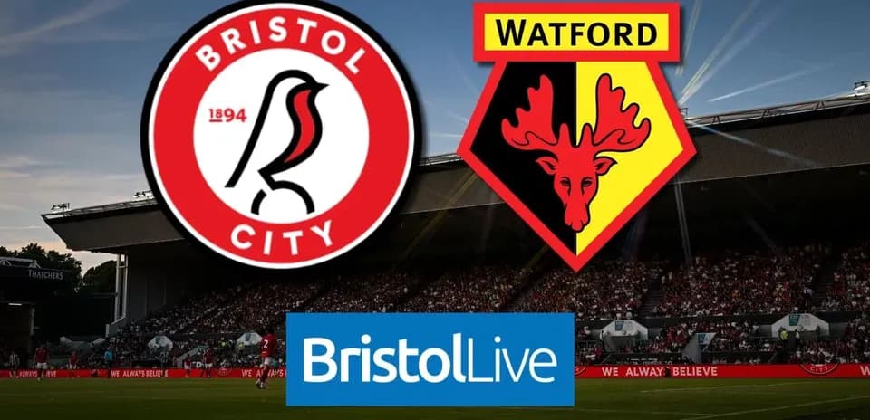 Logos of Bristol City and Watford with stadium background