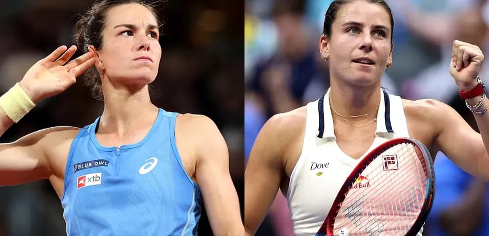 Two female tennis players celebrating in separate outfits