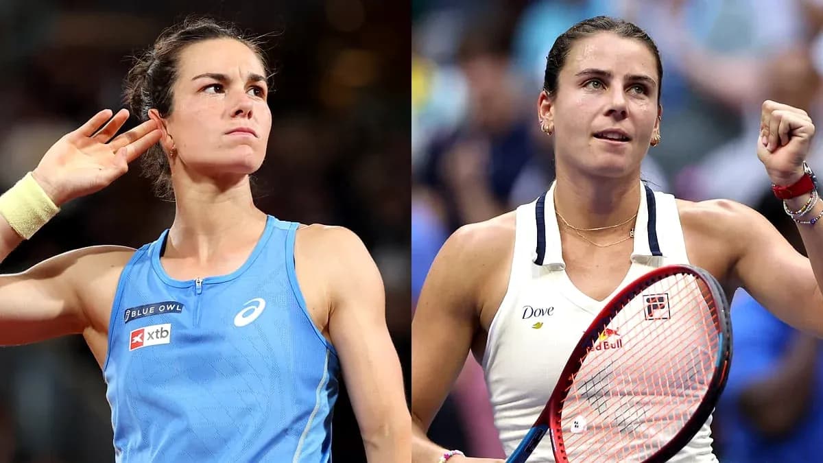 Two female tennis players celebrating in separate outfits