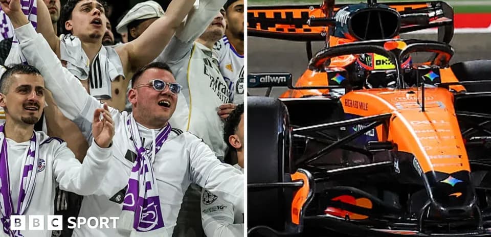 Fans celebrating on the left, McLaren car racing on the right