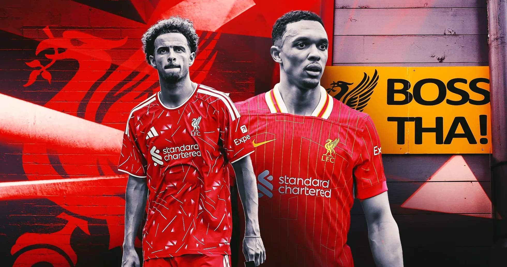 Two Liverpool players posing in red kits
