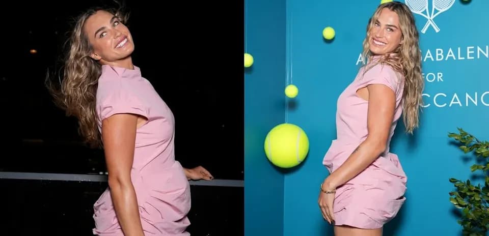 Person in pink outfit posing with tennis decor