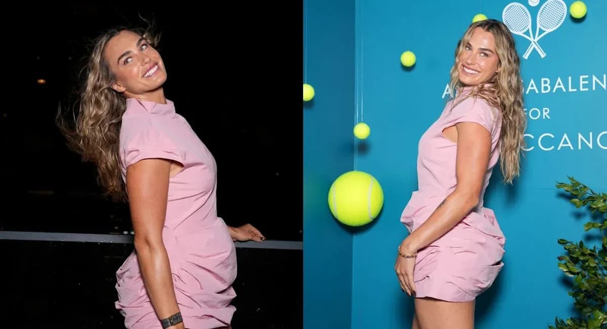 Person in pink outfit posing with tennis decor