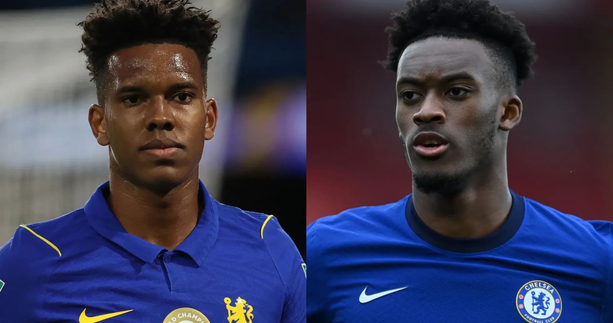 Two Chelsea players in blue jerseys facing camera