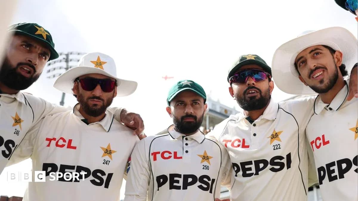 Five Pakistani cricketers posing together on field