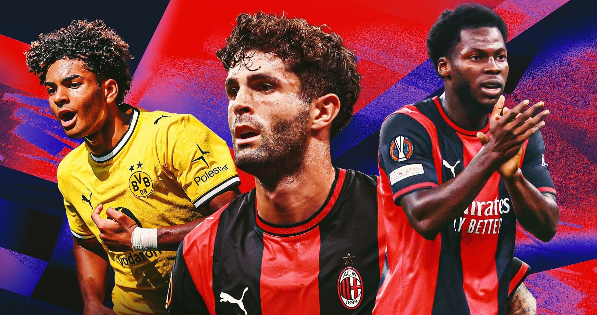 Three football players from different teams posing together