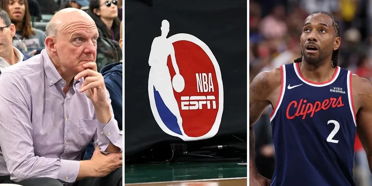 Steve Ballmer, NBA logo, and Kawhi Leonard on court