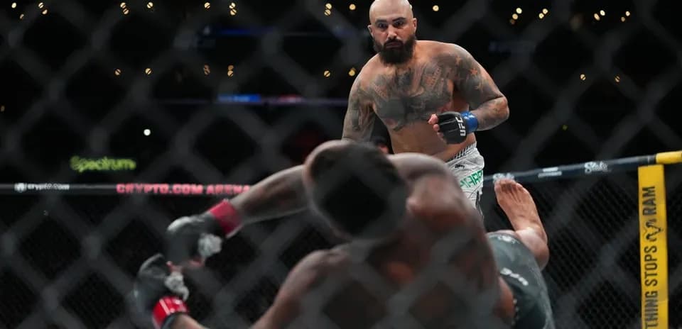 Fighter standing over opponent on the mat in UFC match