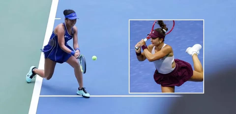 Two female tennis players in action during match