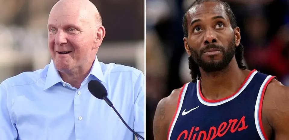Steve Ballmer speaking and Kawhi Leonard on court