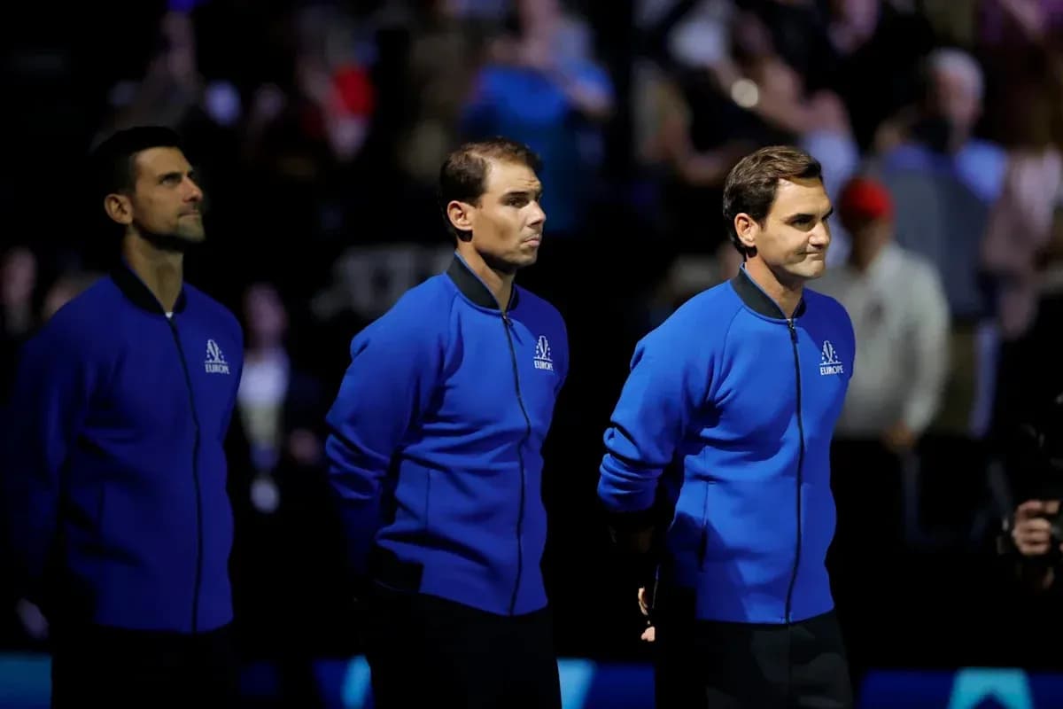 Novak Djokovic, Rafael Nadal, and Roger Federer standing together Novak Djokovic, Rafael Nadal, and Roger Federer standing together
