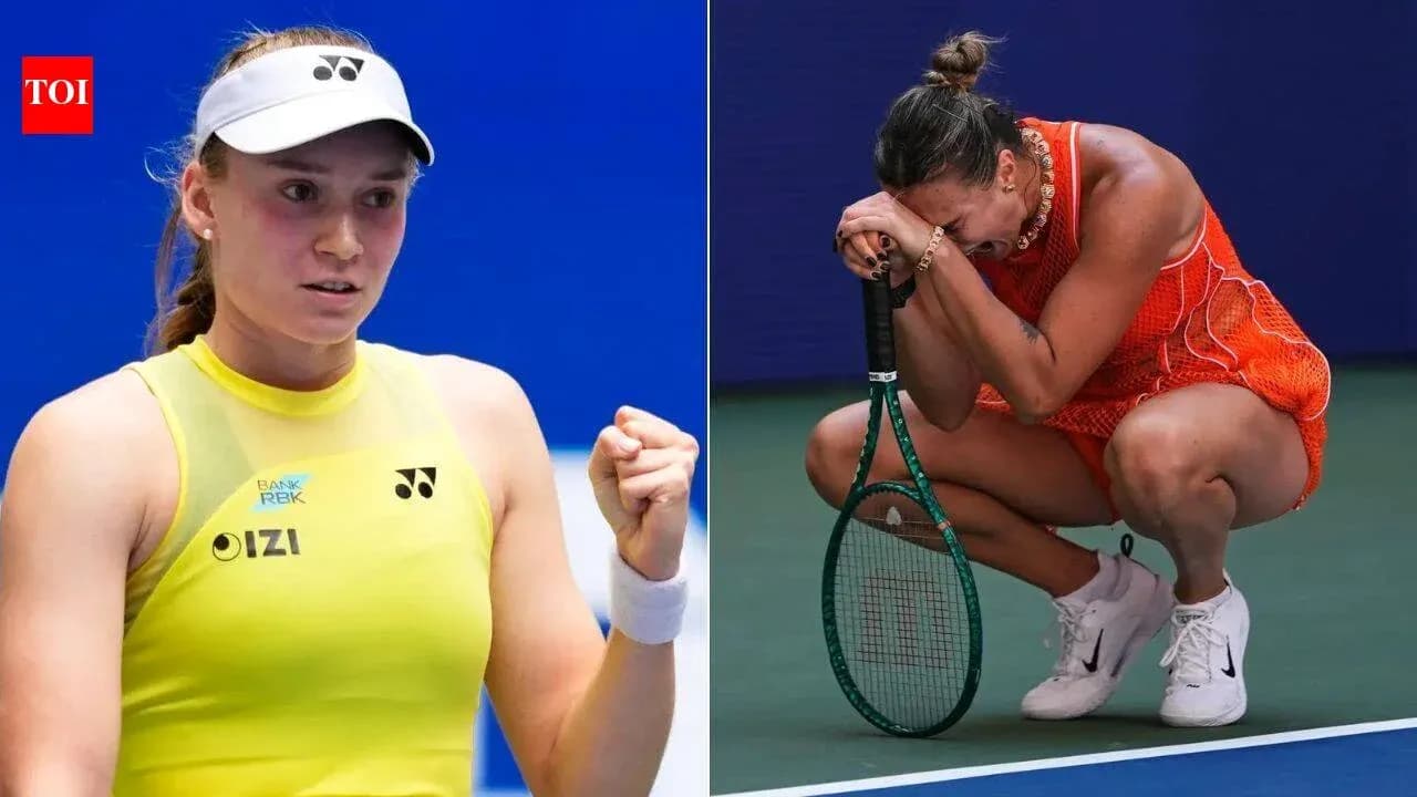 Two tennis players during a match; one celebrates, one reacts Two tennis players during a match; one celebrates, one reacts