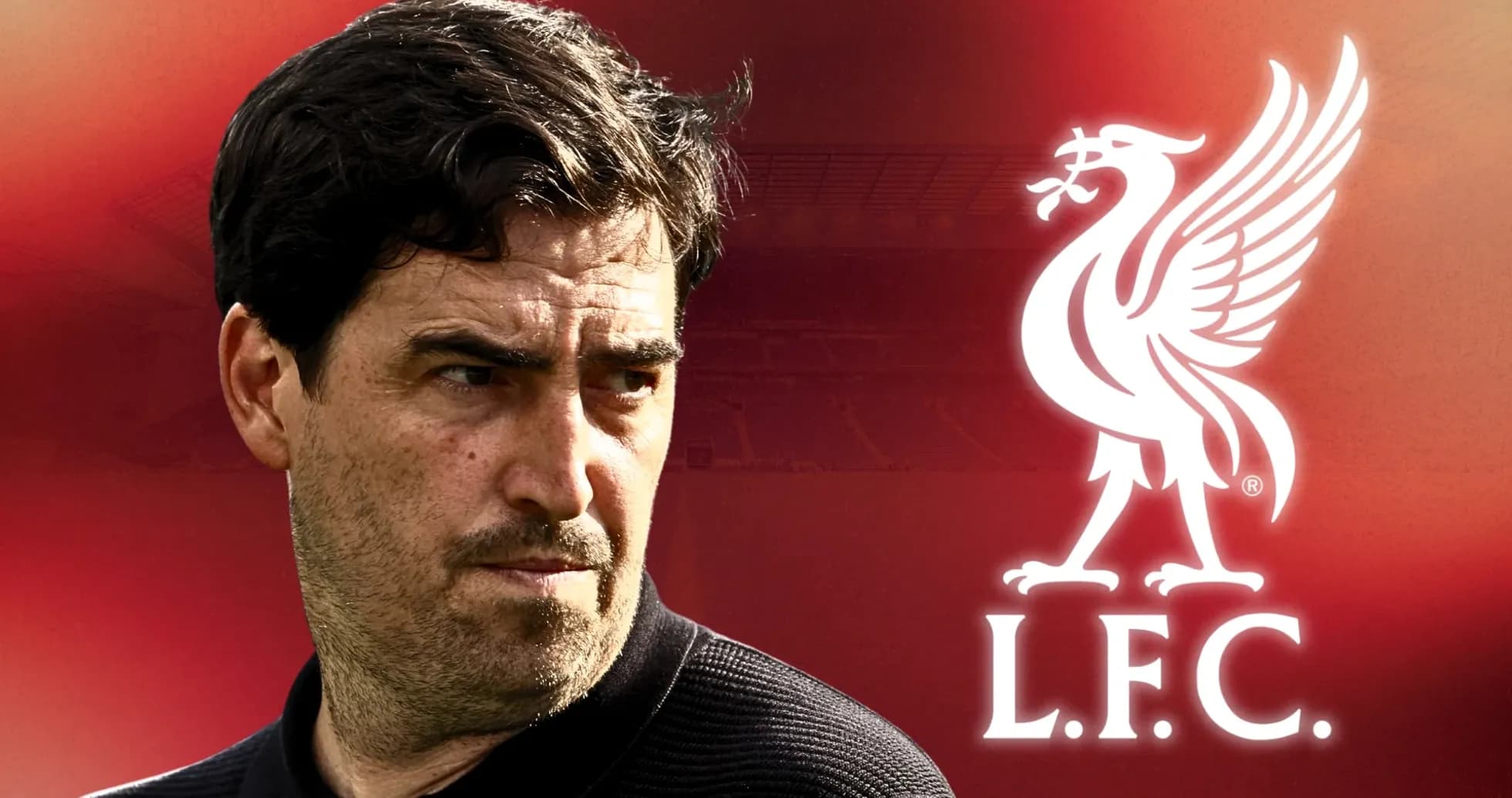 Man looking serious with Liverpool logo background Man looking serious with Liverpool logo background