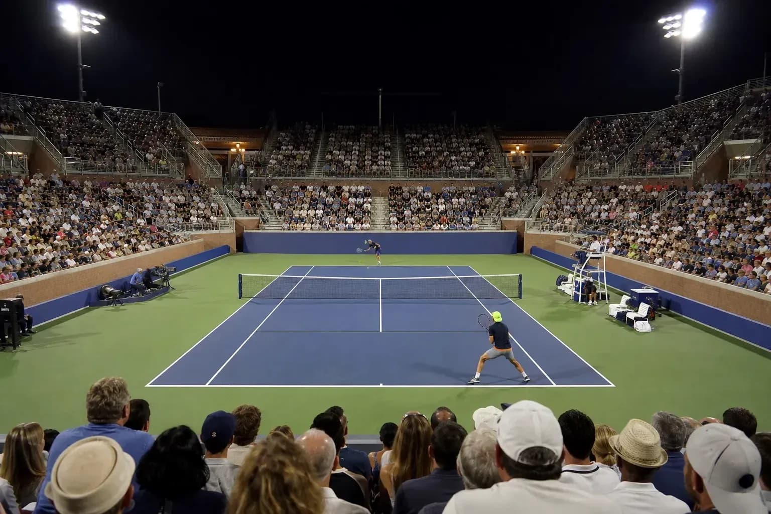 Players competing in a night tennis match Players competing in a night tennis match