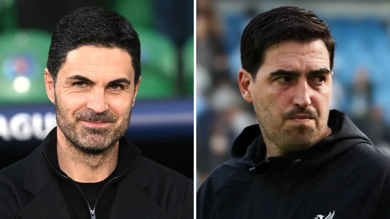 Two football managers during a match warm-up Two football managers during a match warm-up