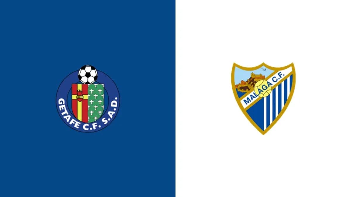 Logos of Getafe CF and Malaga CF on blue and white backgrounds Logos of Getafe CF and Malaga CF on blue and white backgrounds