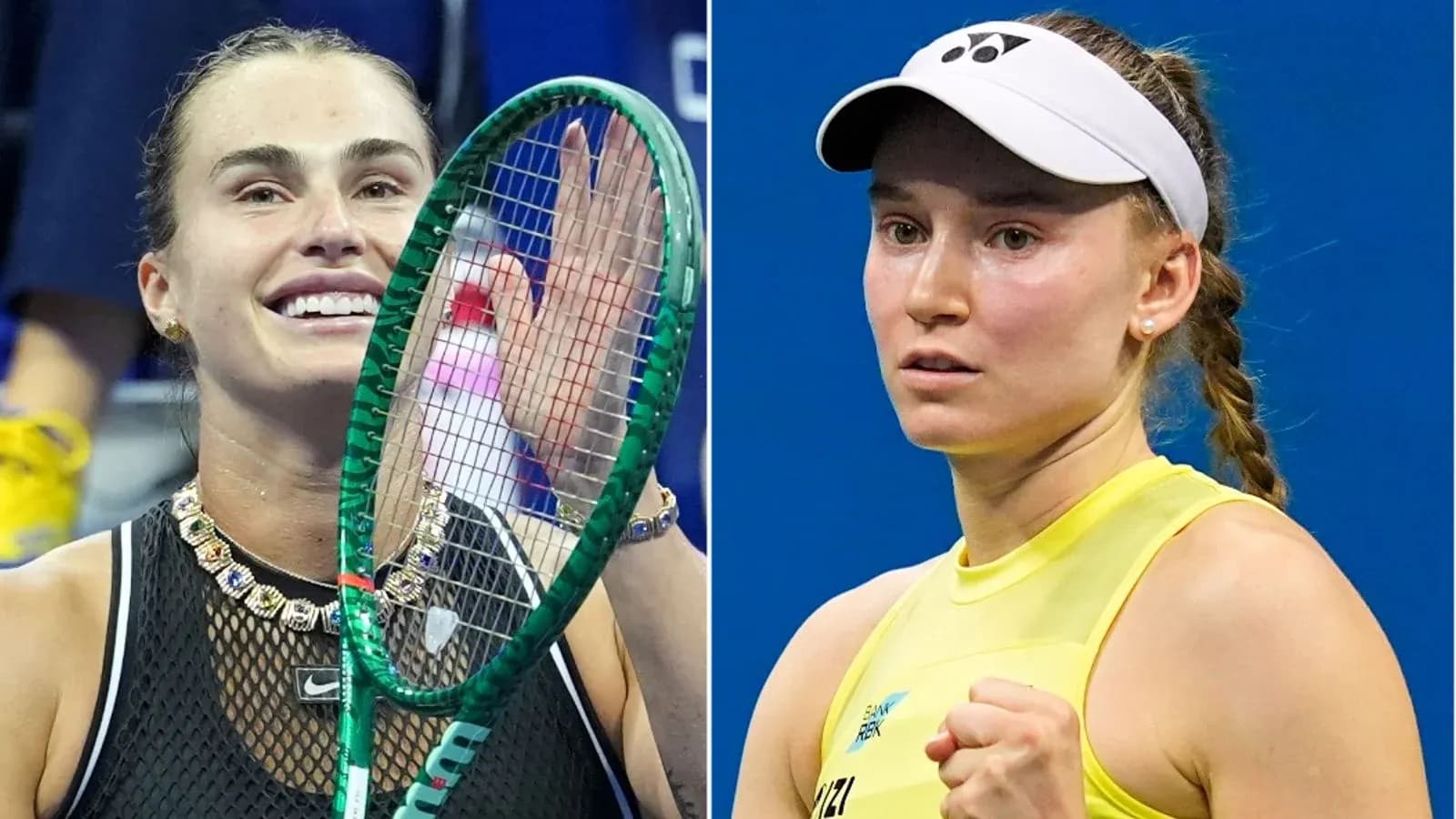 Two female tennis players, one celebrating victory Two female tennis players, one celebrating victory