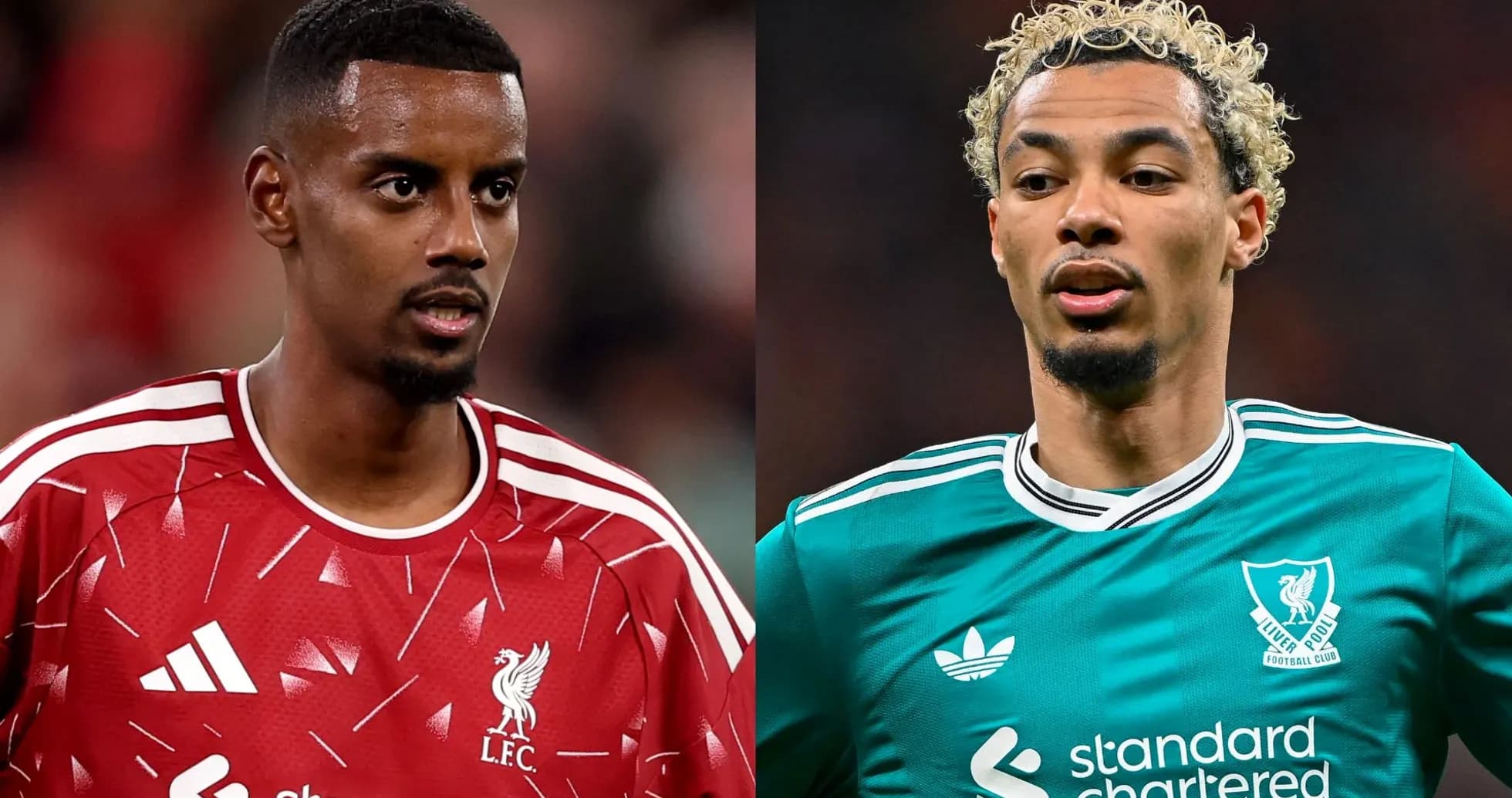 Two Liverpool players in training kits facing each other Two Liverpool players in training kits facing each other