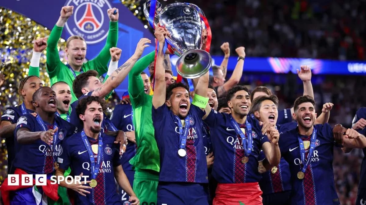 Paris Saint-Germain players celebrating UEFA Champions League victory Paris Saint-Germain players celebrating UEFA Champions League victory
