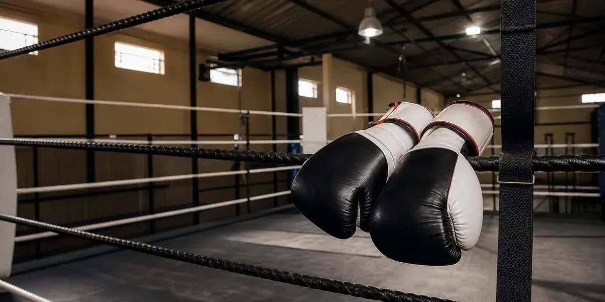 Boxing gloves hanging on ring ropes in gym Boxing gloves hanging on ring ropes in gym