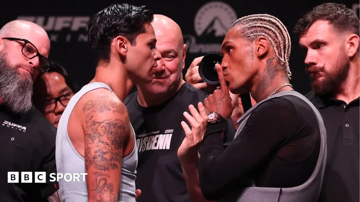 Two boxers face off during weigh-in event Two boxers face off during weigh-in event