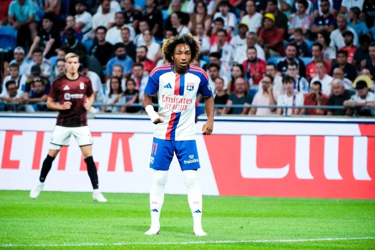Player in Lyon kit during match on field Player in Lyon kit during match on field