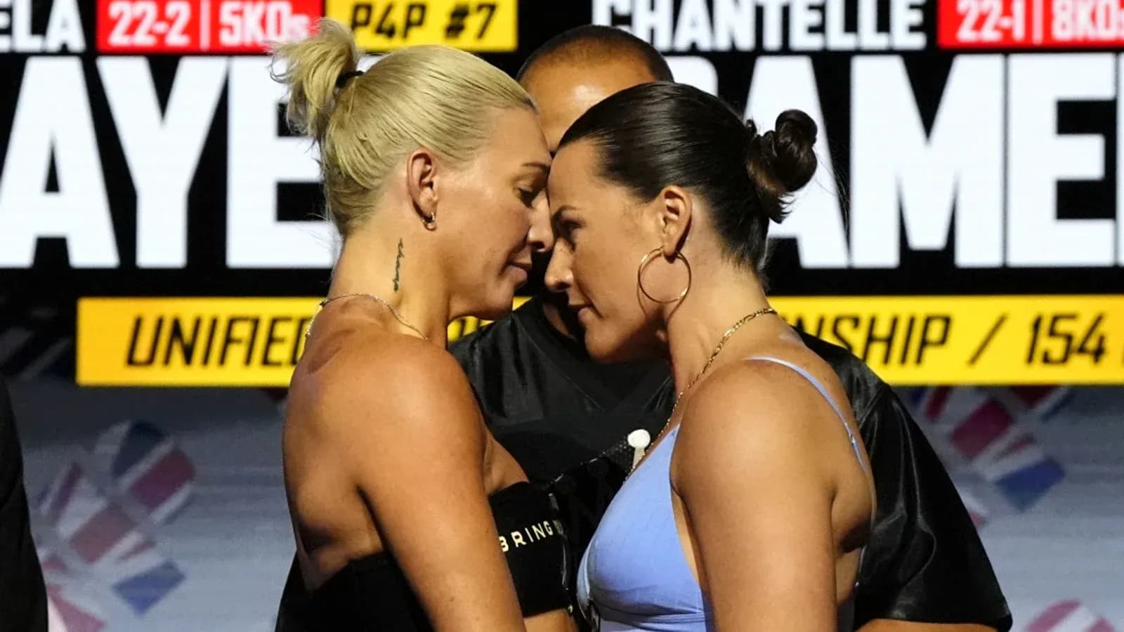Two boxers face off during weigh-in event Two boxers face off during weigh-in event