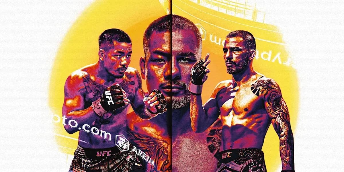 Three fighters in UFC poses with vibrant background Three fighters in UFC poses with vibrant background