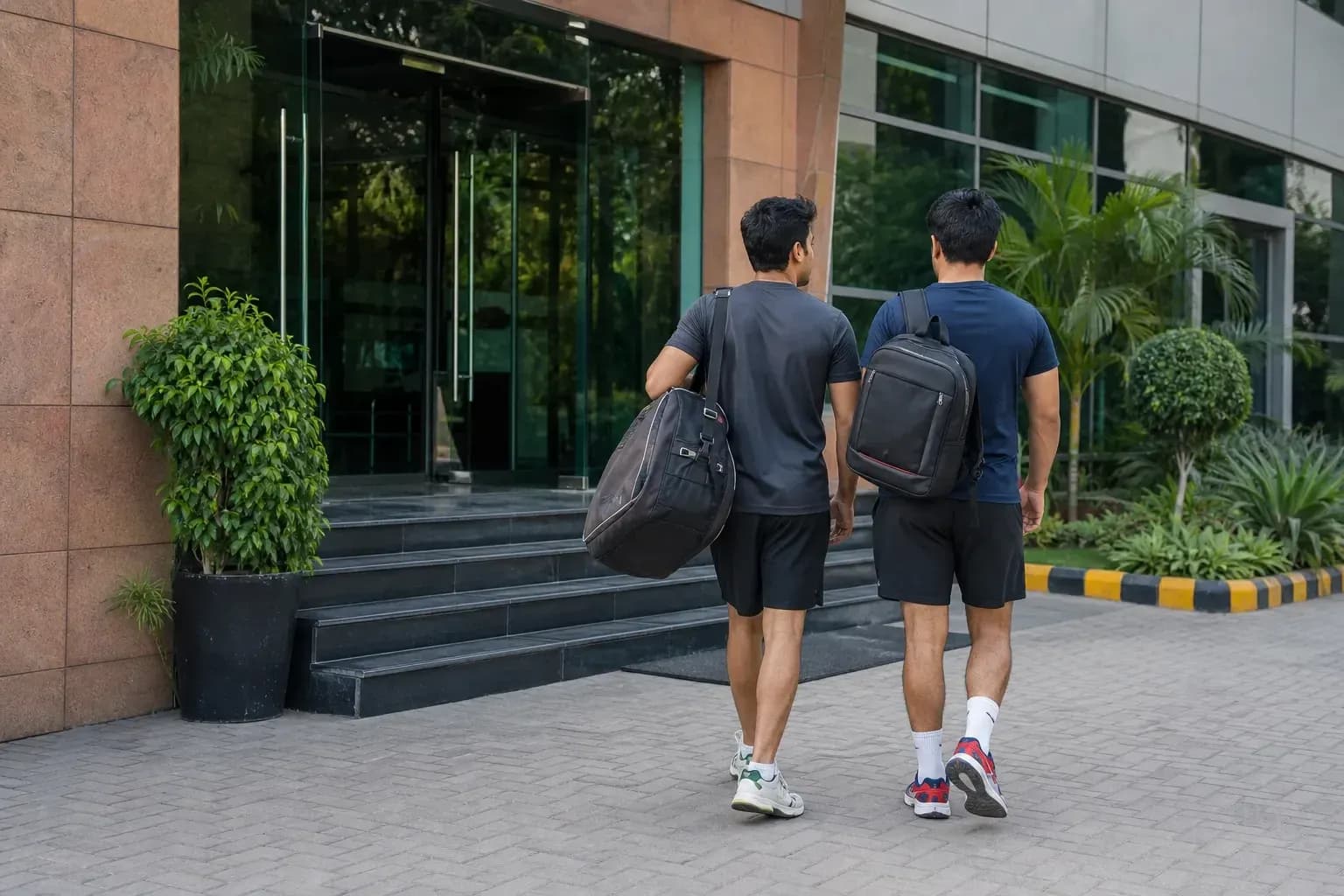 Two men walking towards building entrance with bags Two men walking towards building entrance with bags